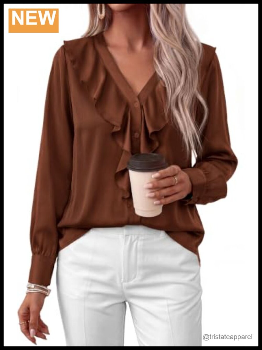 Women's Satin Ruffle V-Neck Button Down Long Sleeve Blouse